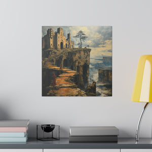 Fantasy Building on a Cliff Wall Art | Square Matte Canvas