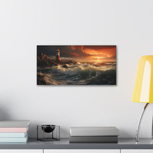 Load image into Gallery viewer, Lighthouse on a Cliff with Fiery Sunset - Horizontal Canvas Gallery Wraps