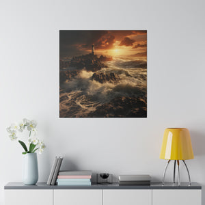 Lighthouse at Sunset on a Cliff Wall Art | Square Matte Canvas