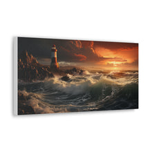 Load image into Gallery viewer, Lighthouse on a Cliff with Fiery Sunset - Horizontal Canvas Gallery Wraps