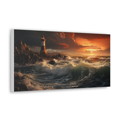 Lighthouse on a Cliff with Fiery Sunset - Horizontal Canvas Gallery Wraps