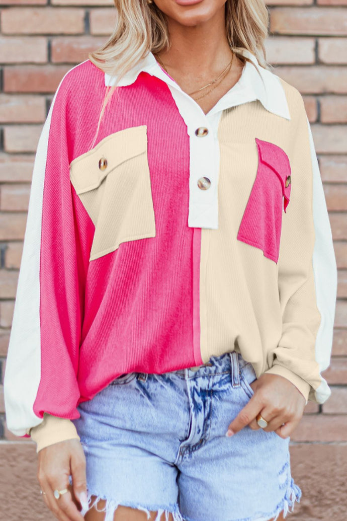 Color Block Collared Neck Long Sleeve Sweatshirt