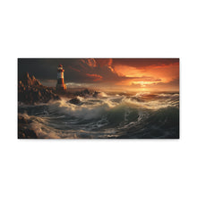 Load image into Gallery viewer, Lighthouse on a Cliff with Fiery Sunset - Horizontal Canvas Gallery Wraps